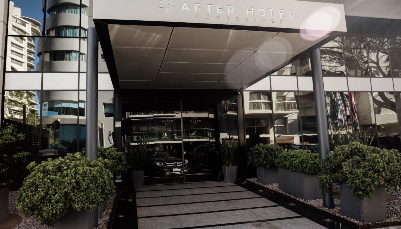 Entrada moderna al hotel. Hay una puerta de vidrio corrediza. Hay plantas y arbustos en el ingreso. 