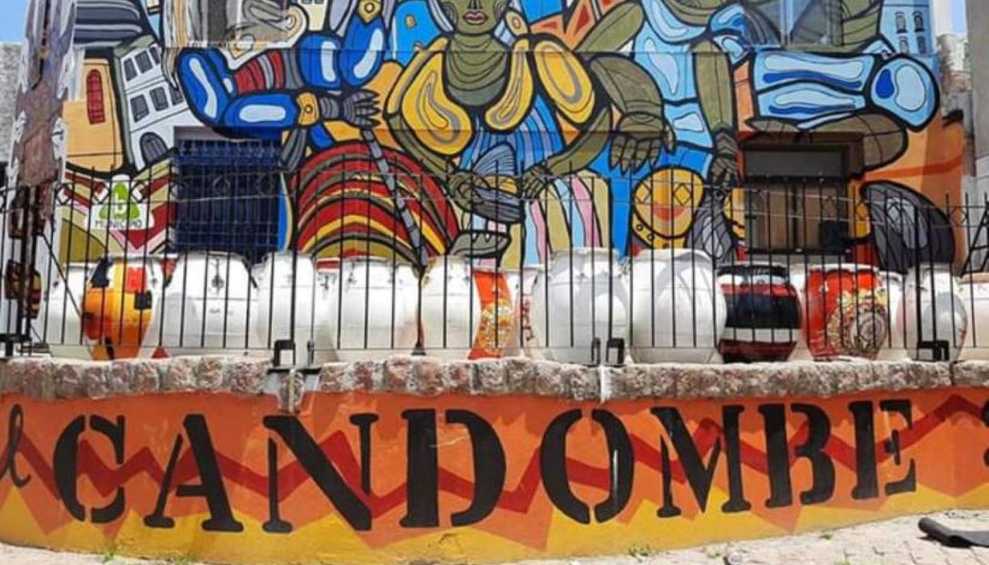 mural de candombe con tambores de fondo de la comparsa cuareim 1080