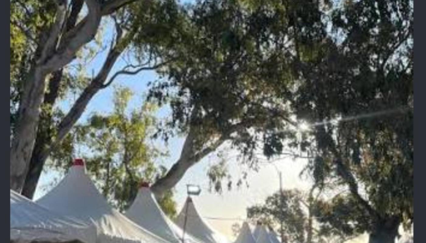 Foto de los puestos de la feria y gente caminando por allì