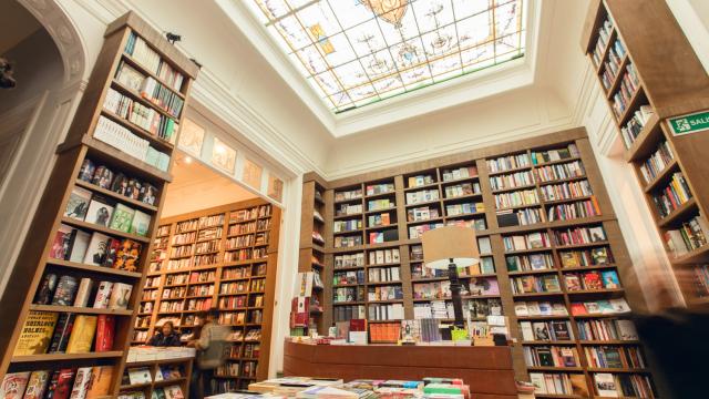foto de la libreria escaramuza muestra de altas bibliotecas llenas de libros con vitral de fondo en su techo