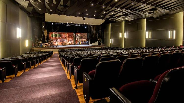 Sala con pendiente descendiente que permite una mejor visión del escenario. Butacas rojas. Paneles acústicos laterales. Escenario iluminado al fondo.